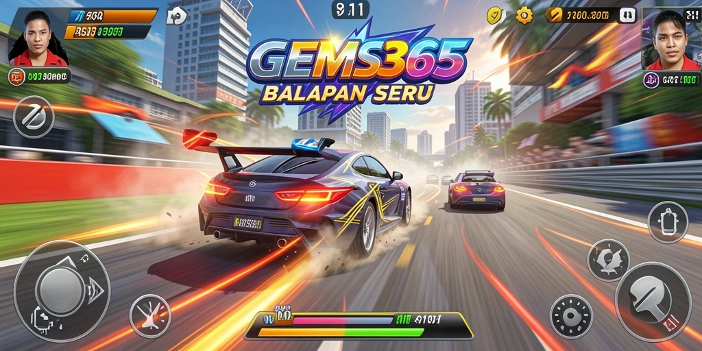 Screenshot GEMS365 menunjukkan mobil balap melaju kencang di trek menantang.