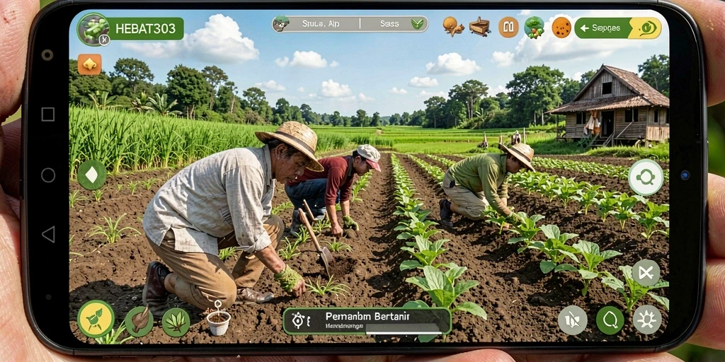 Tampilan gameplay HEBAT303 dengan ladang subur dan berbagai tanaman.