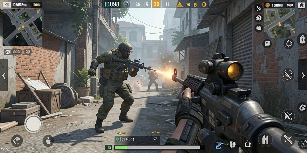 Screenshot menunjukkan aksi seru gameplay ID098 dalam pertempuran FPS.