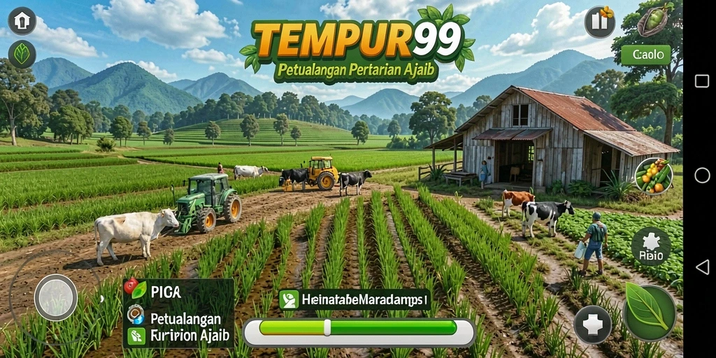 Screenshot TEMPUR99 menampilkan kebun yang luas dengan tanaman subur.